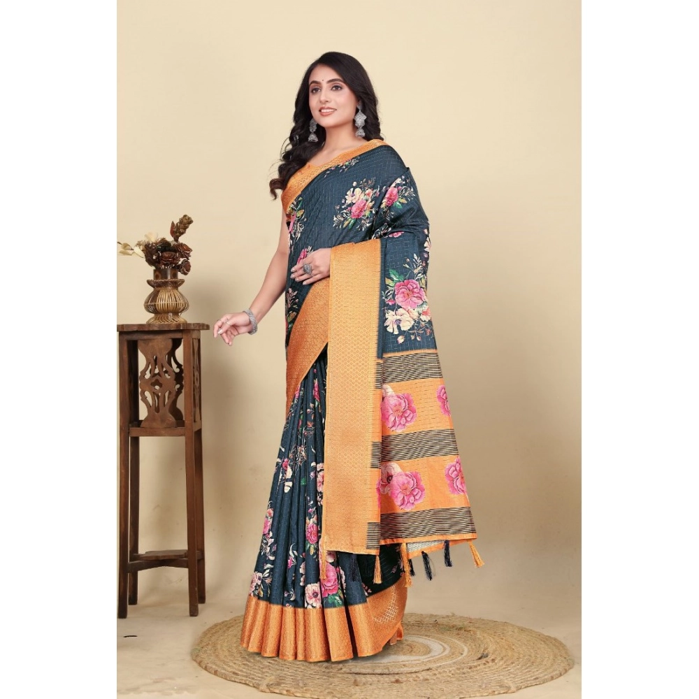 Women's Cotton Silk Floral Printed Saree With Unstitched Blouse 5.5Mtr (Blue) - Image 5