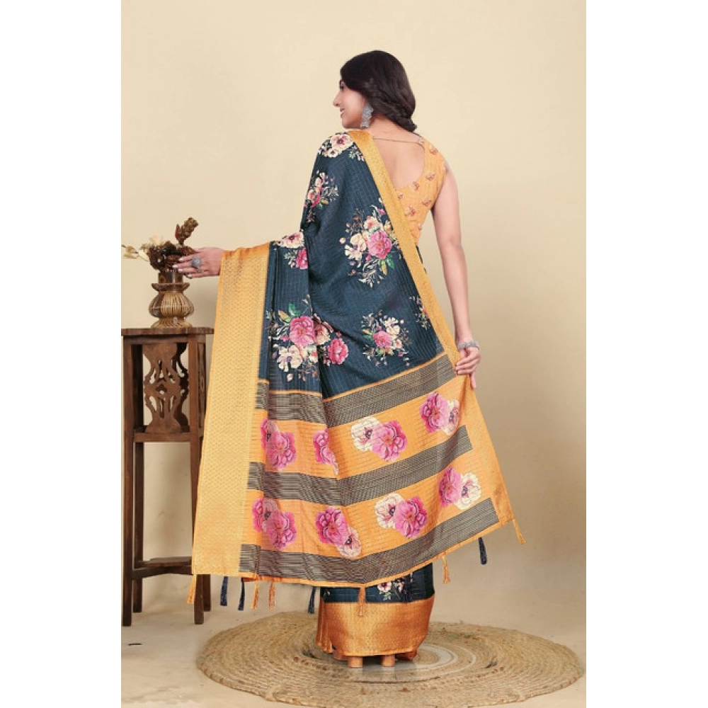 Women's Cotton Silk Floral Printed Saree With Unstitched Blouse 5.5Mtr (Blue) - Image 4
