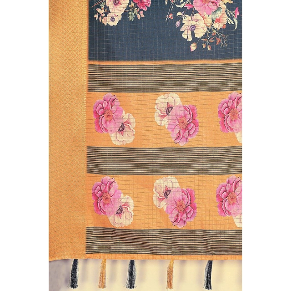 Women's Cotton Silk Floral Printed Saree With Unstitched Blouse 5.5Mtr (Blue) - Image 2