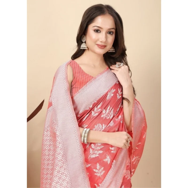 Women's Art Silk Jacquard Printed Saree With Unstitched Blouse 5.5Mtr (Peach)