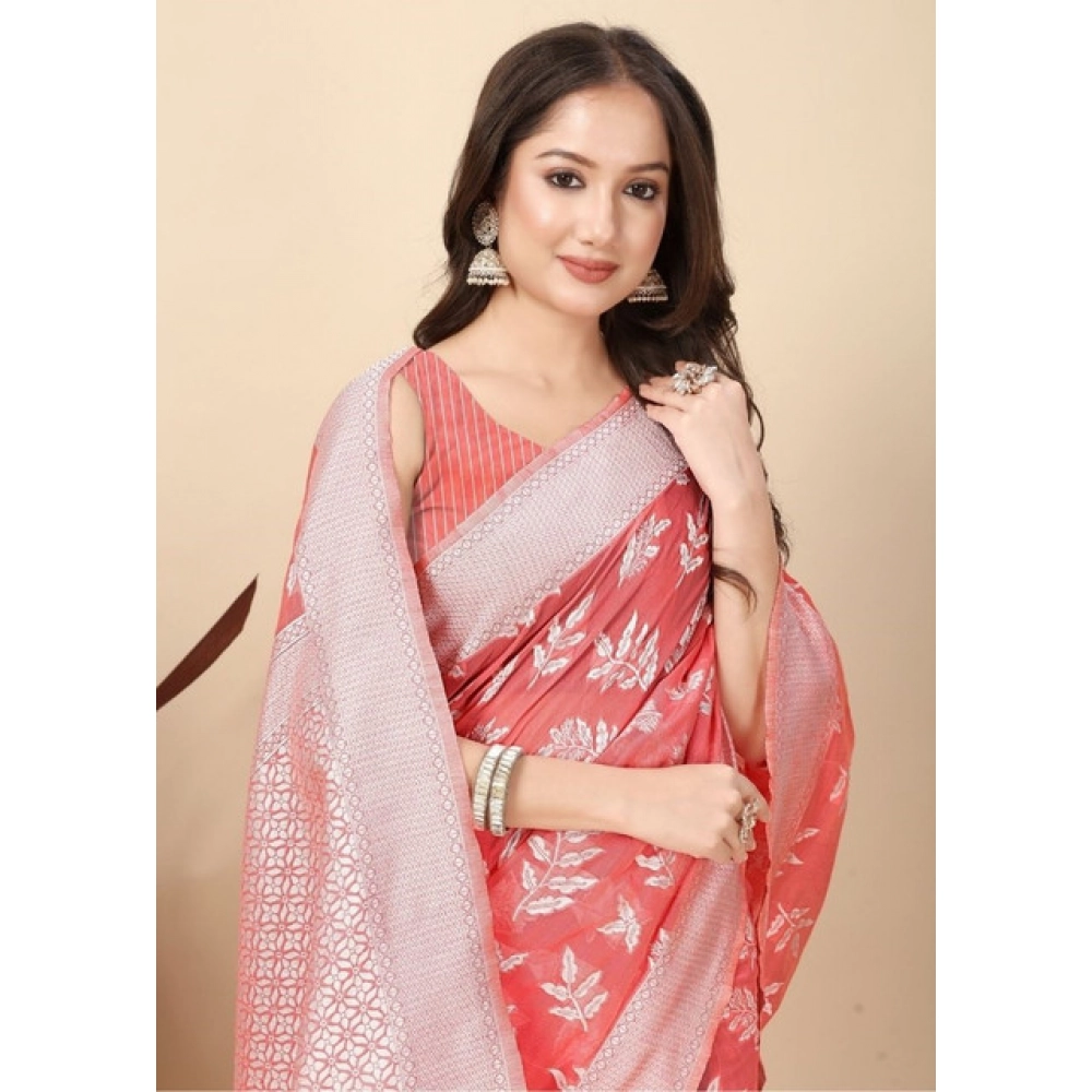 Women's Art Silk Jacquard Printed Saree With Unstitched Blouse 5.5Mtr (Peach)
