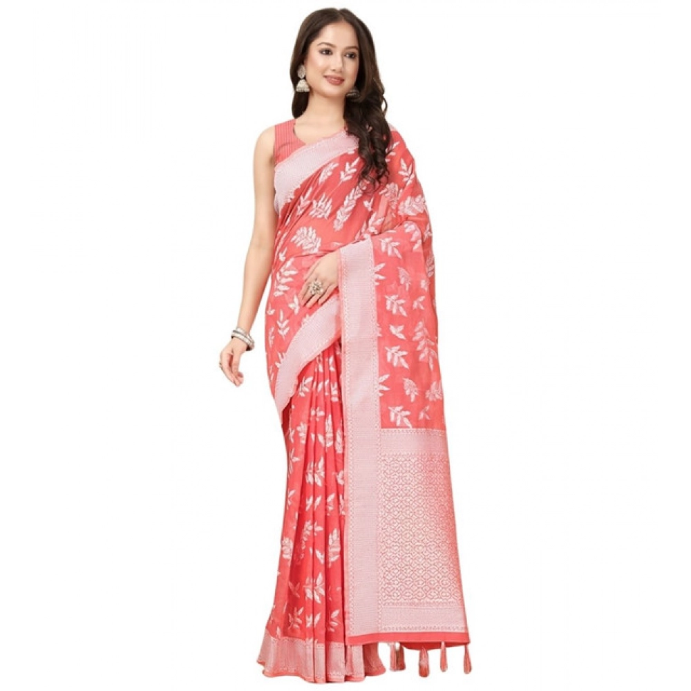 Women's Art Silk Jacquard Printed Saree With Unstitched Blouse 5.5Mtr (Peach) - Image 6