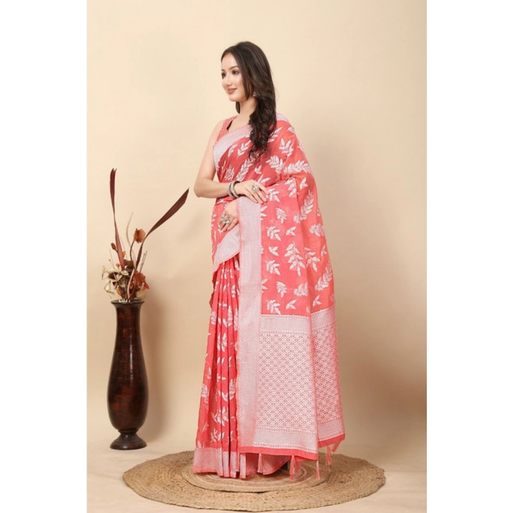 Women's Art Silk Jacquard Printed Saree With Unstitched Blouse 5.5Mtr (Peach) - Image 5