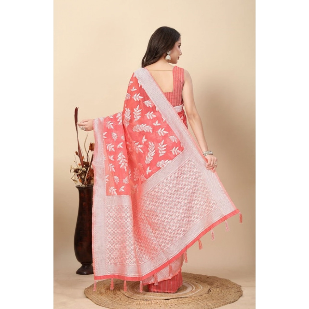 Women's Art Silk Jacquard Printed Saree With Unstitched Blouse 5.5Mtr (Peach) - Image 4