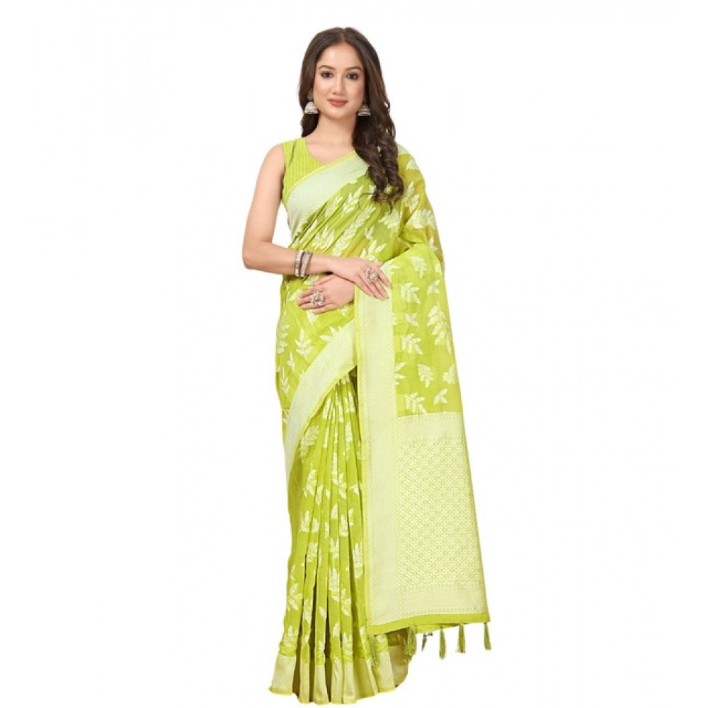 Women's Art Silk Jacquard Printed Saree With Unstitched Blouse 5.5Mtr (Light Green) - Image 6