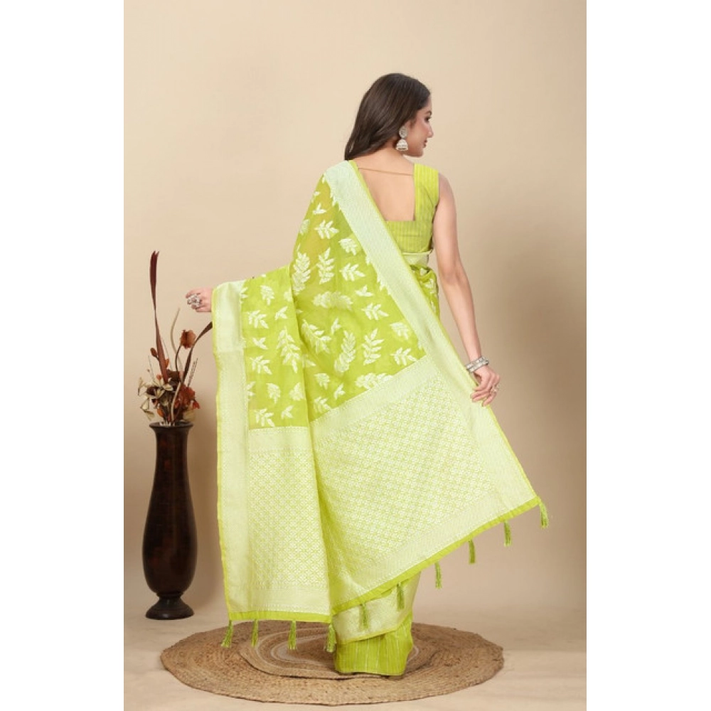 Women's Art Silk Jacquard Printed Saree With Unstitched Blouse 5.5Mtr (Light Green) - Image 4