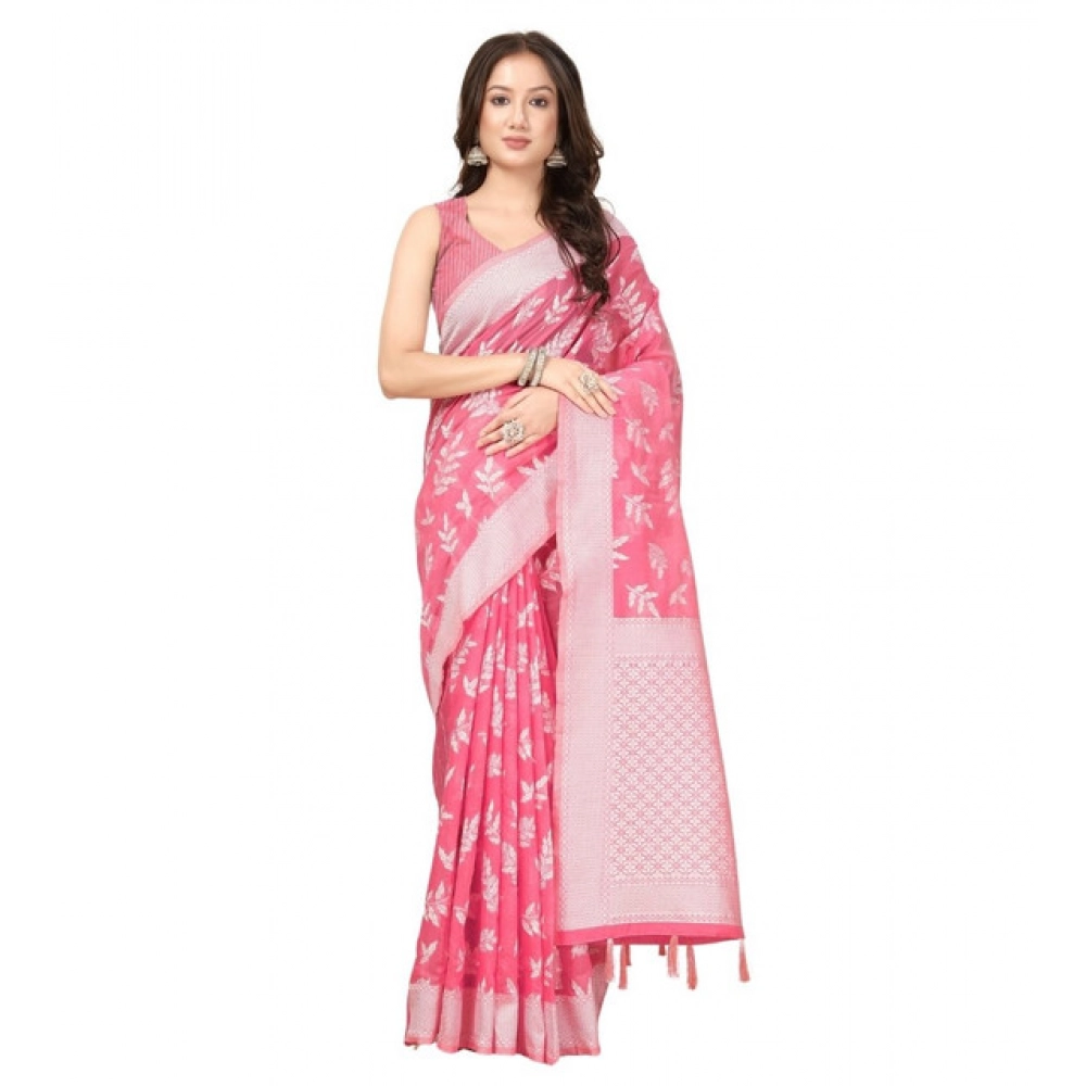 Women's Art Silk Jacquard Printed Saree With Unstitched Blouse 5.5Mtr (Pink) - Image 6