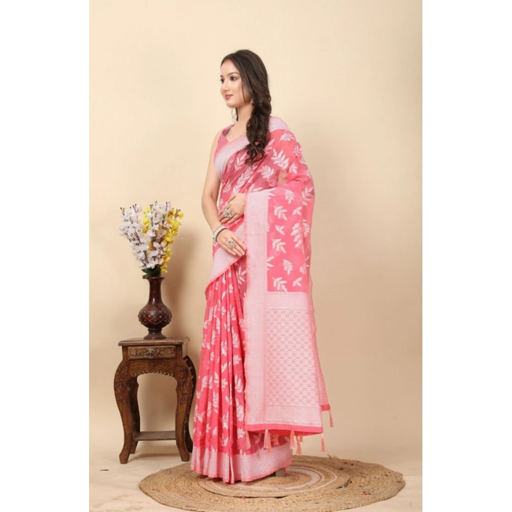Women's Art Silk Jacquard Printed Saree With Unstitched Blouse 5.5Mtr (Pink) - Image 5