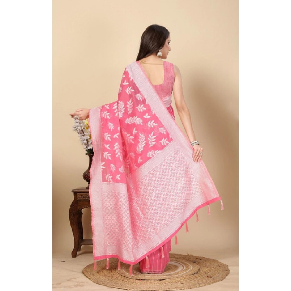Women's Art Silk Jacquard Printed Saree With Unstitched Blouse 5.5Mtr (Pink) - Image 4