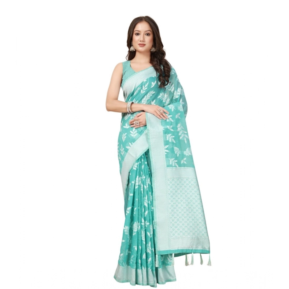 Women's Art Silk Jacquard Printed Saree With Unstitched Blouse 5.5Mtr (Sky Blue) - Image 6