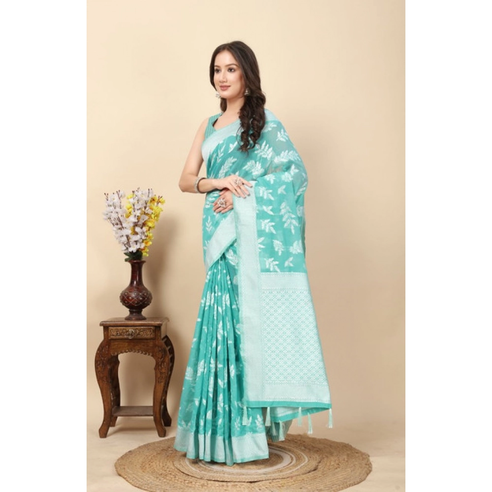 Women's Art Silk Jacquard Printed Saree With Unstitched Blouse 5.5Mtr (Sky Blue) - Image 5