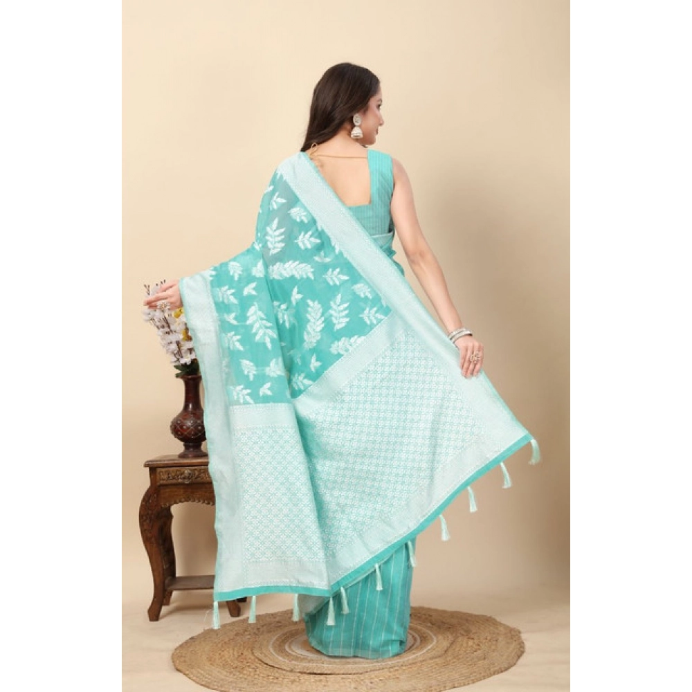 Women's Art Silk Jacquard Printed Saree With Unstitched Blouse 5.5Mtr (Sky Blue) - Image 4