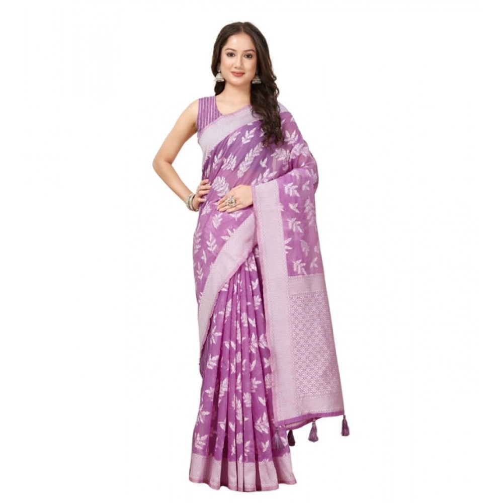 Women's Art Silk Jacquard Printed Saree With Unstitched Blouse 5.5Mtr (Purple) - Image 4