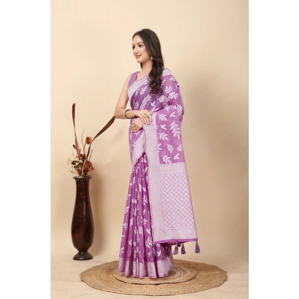 Women's Art Silk Jacquard Printed Saree With Unstitched Blouse 5.5Mtr (Purple) - Image 5
