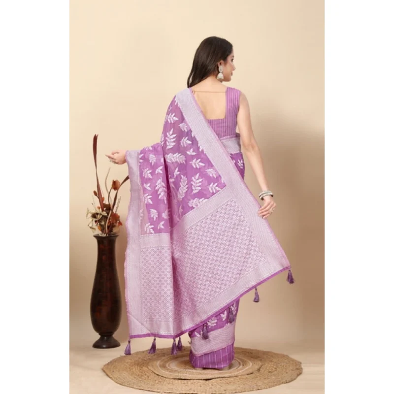Alternative view of Women's Art Silk Jacquard Printed Saree With Unstitched Blouse 5.5Mtr (Purple)