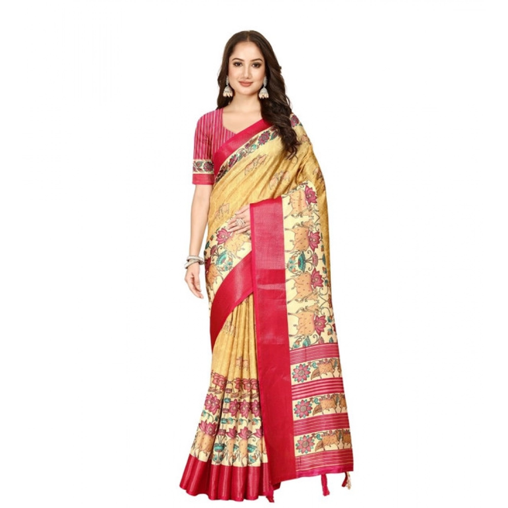 Women's Cotton Silk Printed Saree With Unstitched Blouse 5.5Mtr (Yellow Red) - Image 6
