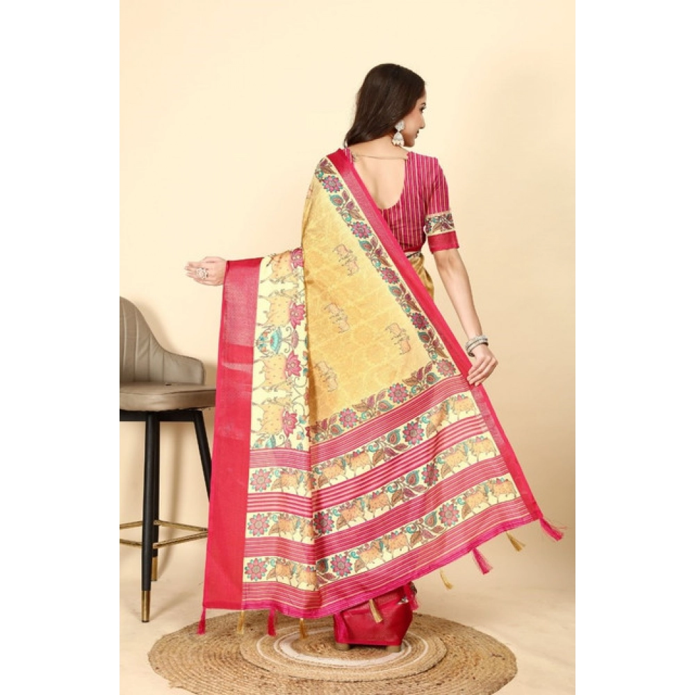 Women's Cotton Silk Printed Saree With Unstitched Blouse 5.5Mtr (Yellow Red) - Image 5