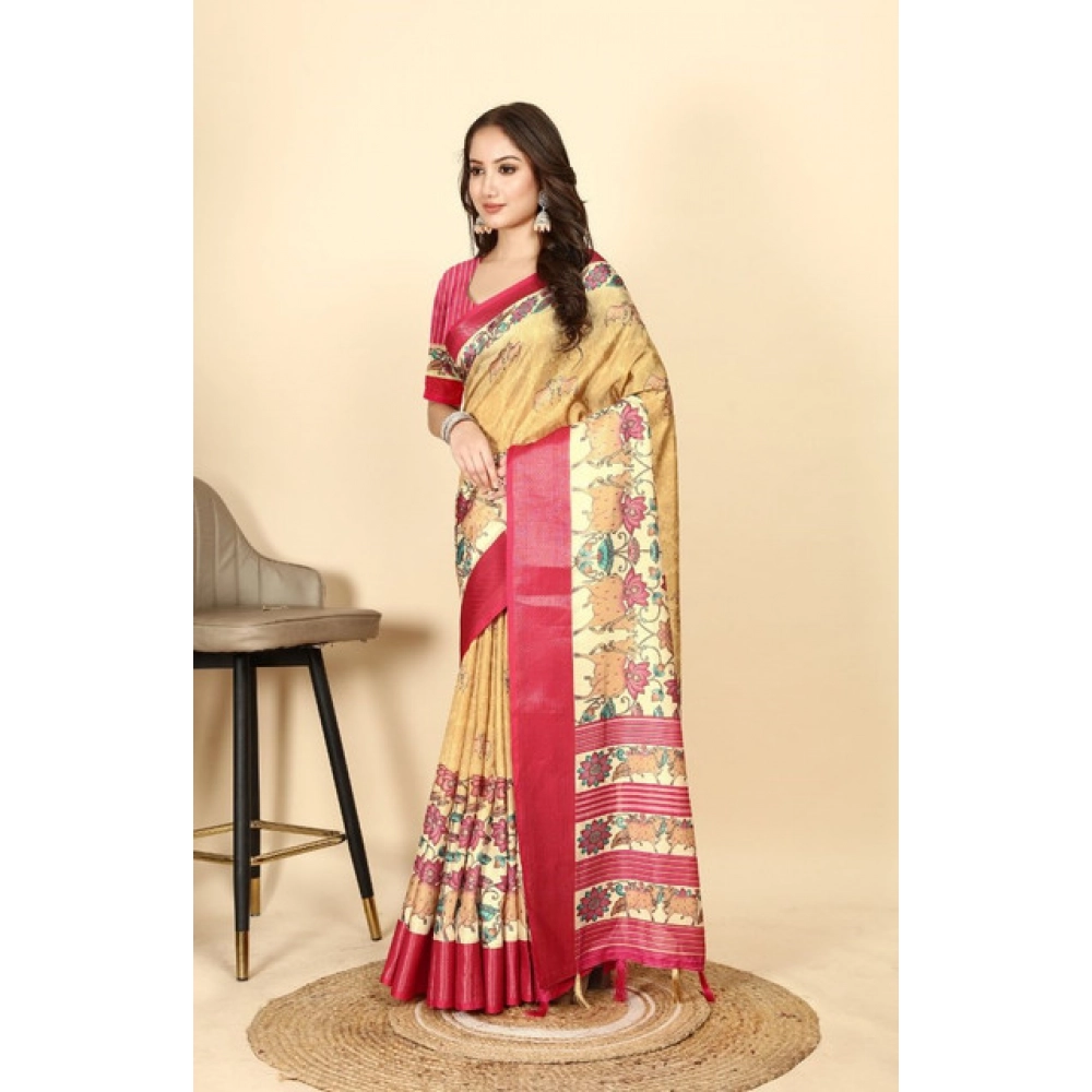 Women's Cotton Silk Printed Saree With Unstitched Blouse 5.5Mtr (Yellow Red) - Image 4