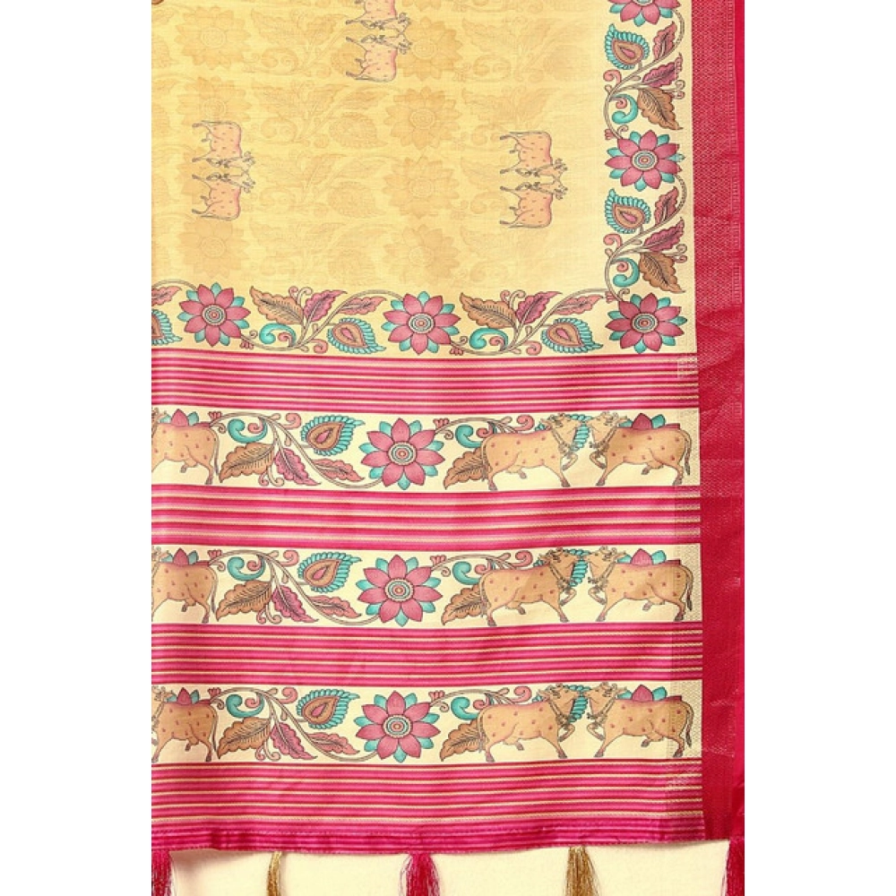 Women's Cotton Silk Printed Saree With Unstitched Blouse 5.5Mtr (Yellow Red) - Image 3
