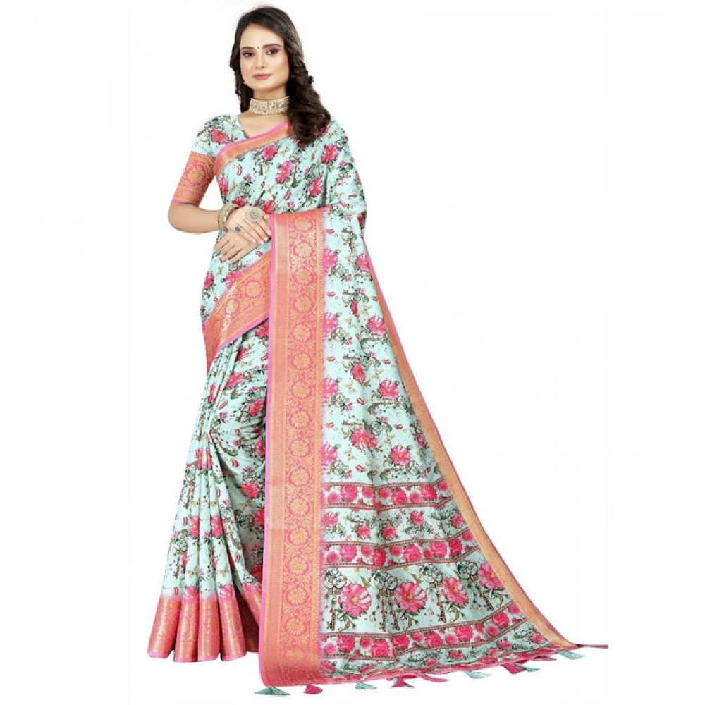 Women's Cotton Silk Floral Printed Saree With Unstitched Blouse 5.5Mtr (Multicolor) - Image 4