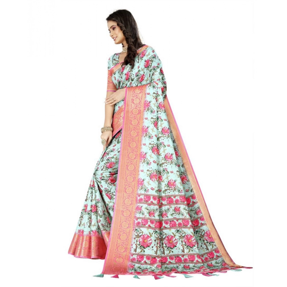 Women's Cotton Silk Floral Printed Saree With Unstitched Blouse 5.5Mtr (Multicolor) - Image 3