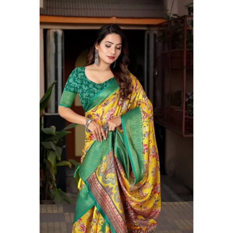 Alternative view of Women's Cotton Silk Floral Printed Saree With Unstitched Blouse 5.5Mtr (Yellow-Green)