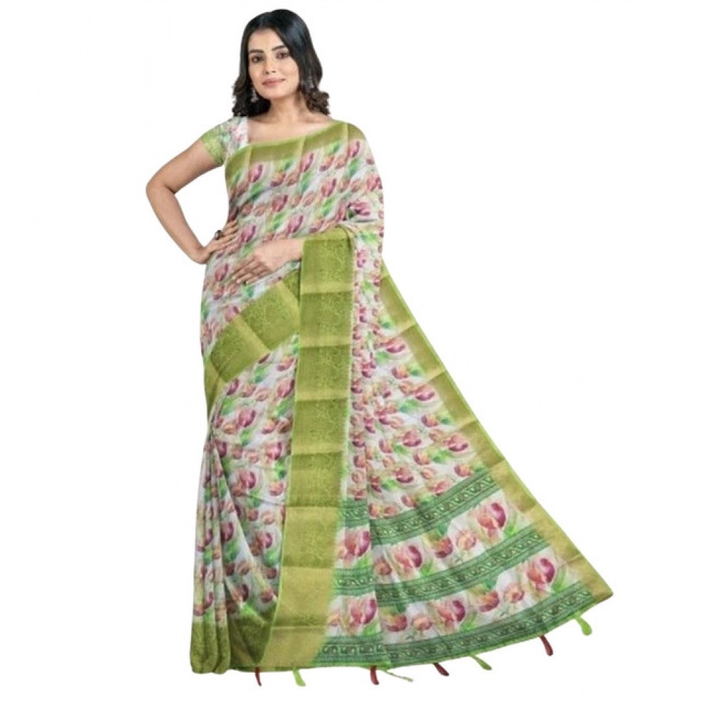 Women's Cotton Blend Floral Printed Saree With Unstitched Blouse 5.5Mtr (Green-White) - Image 4