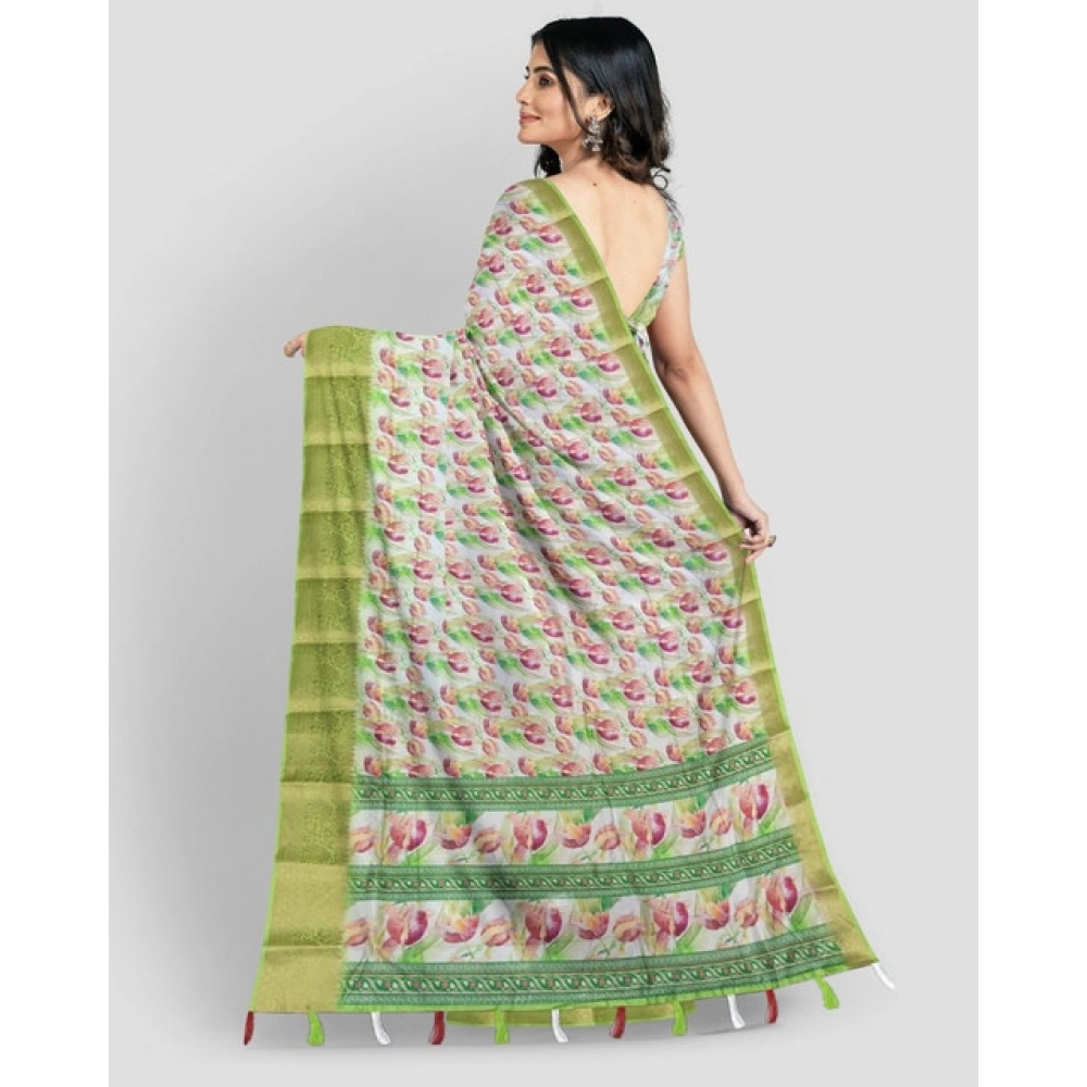 Women's Cotton Blend Floral Printed Saree With Unstitched Blouse 5.5Mtr (Green-White) - Image 3