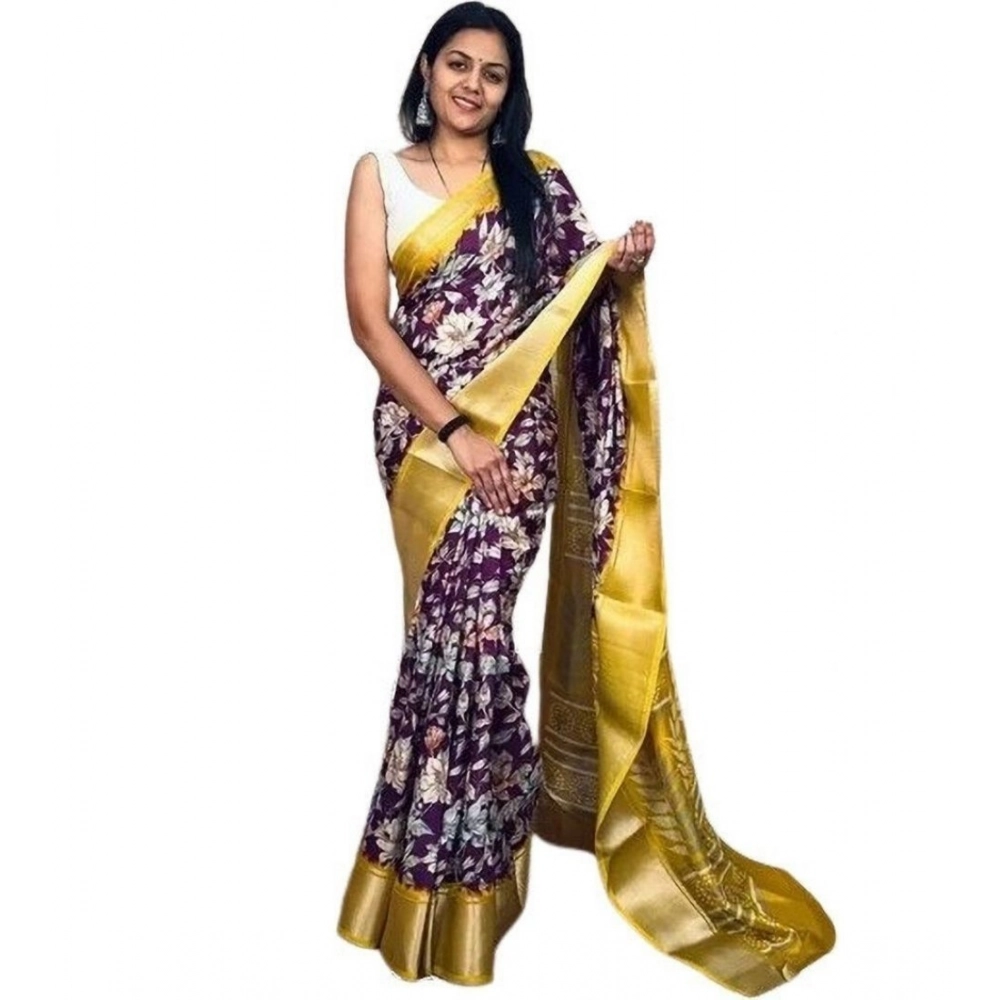 Women's Cotton Blend Floral Printed Saree With Unstitched Blouse 5.5Mtr (Purple) - Image 3