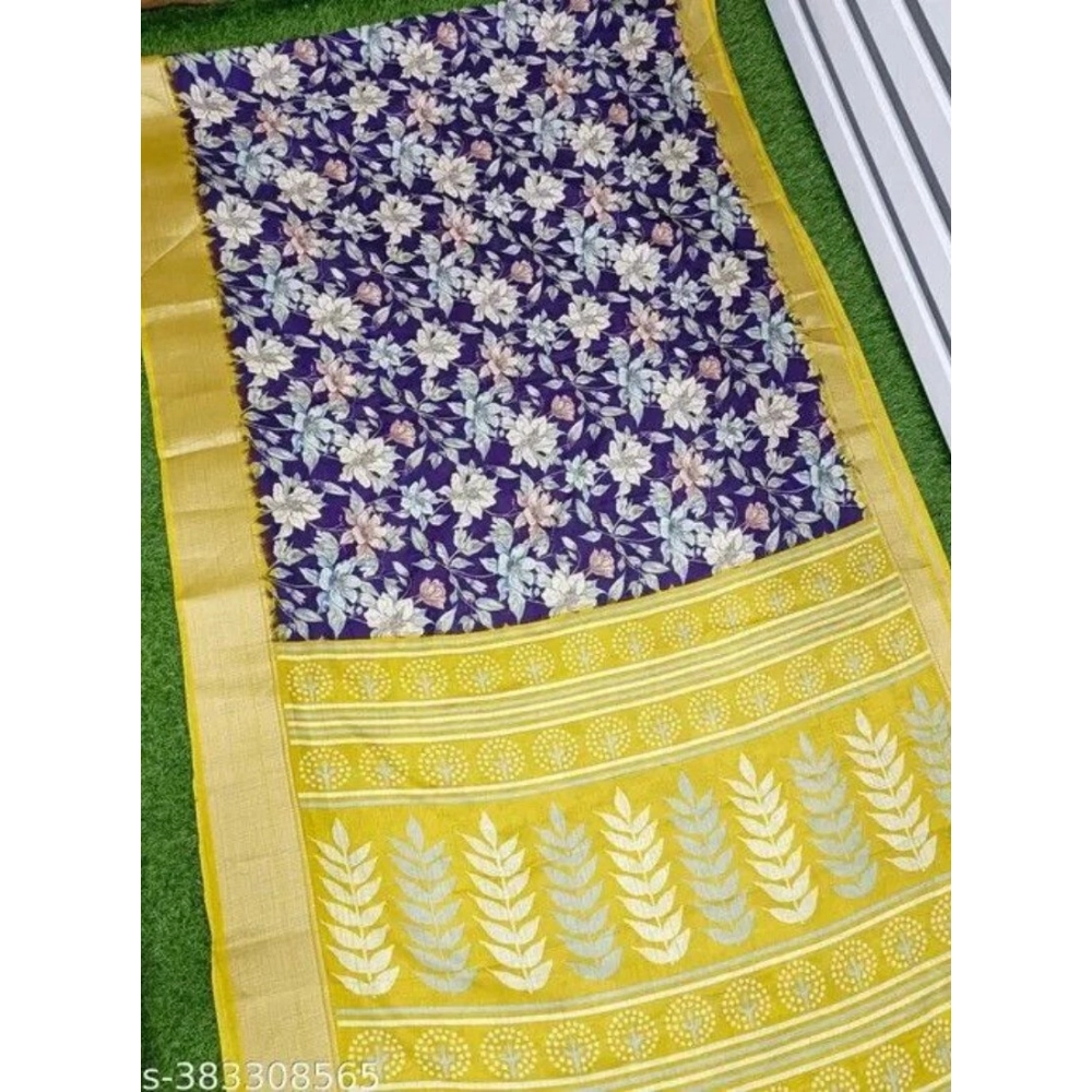 Women's Cotton Blend Floral Printed Saree With Unstitched Blouse 5.5Mtr (Purple) - Image 2