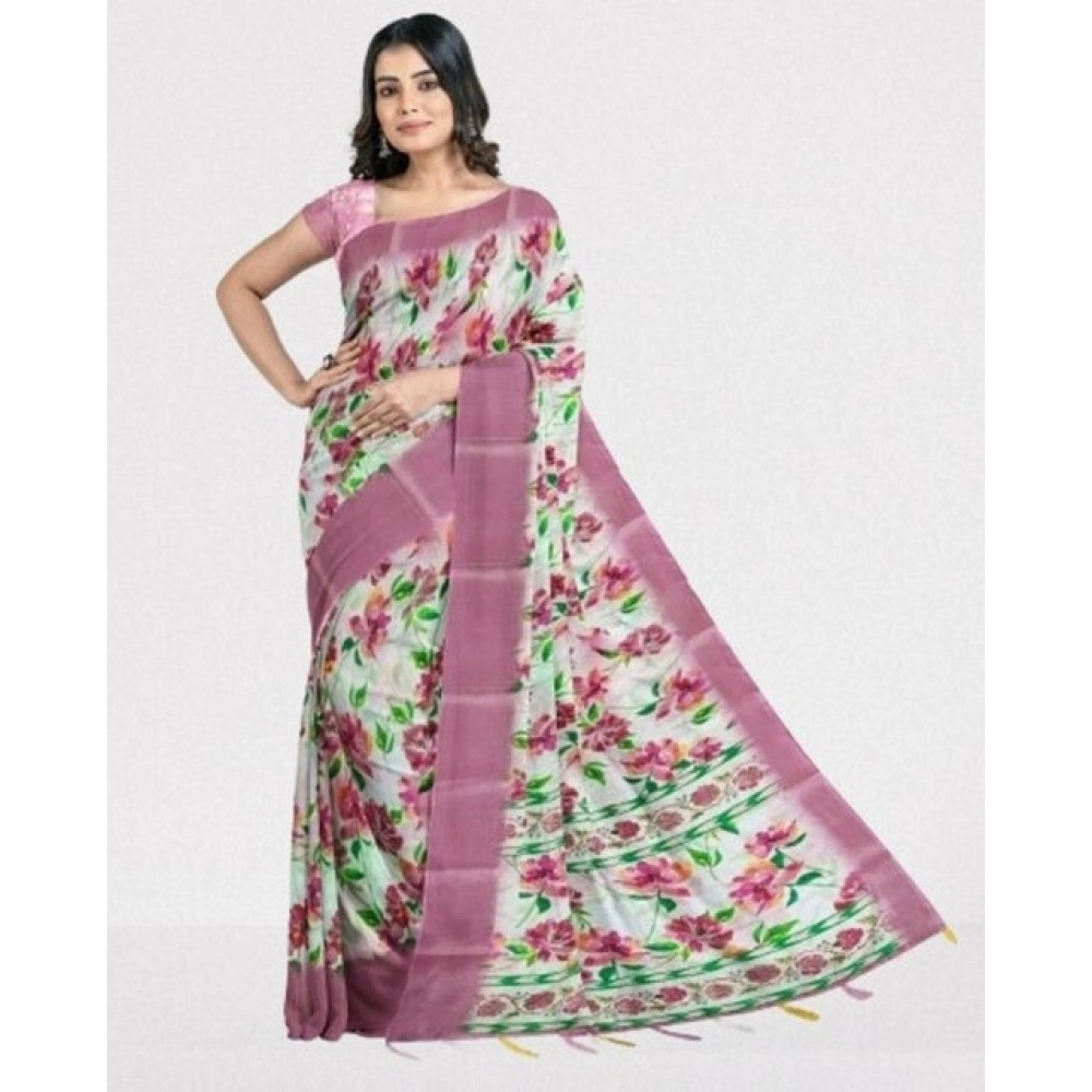 Women's Cotton Blend Floral Printed Saree With Unstitched Blouse 5.5Mtr (Pink)