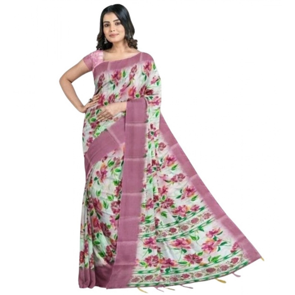 Women's Cotton Blend Floral Printed Saree With Unstitched Blouse 5.5Mtr (Pink) - Image 4