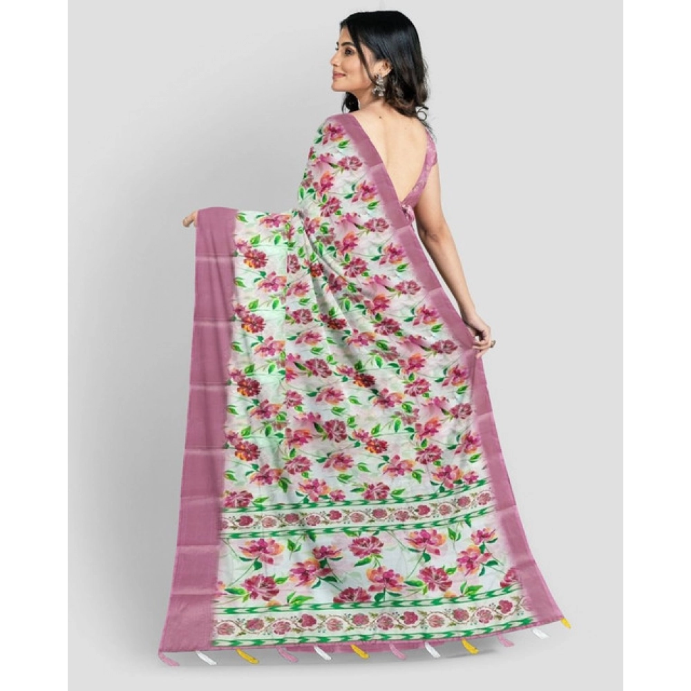 Women's Cotton Blend Floral Printed Saree With Unstitched Blouse 5.5Mtr (Pink) - Image 3