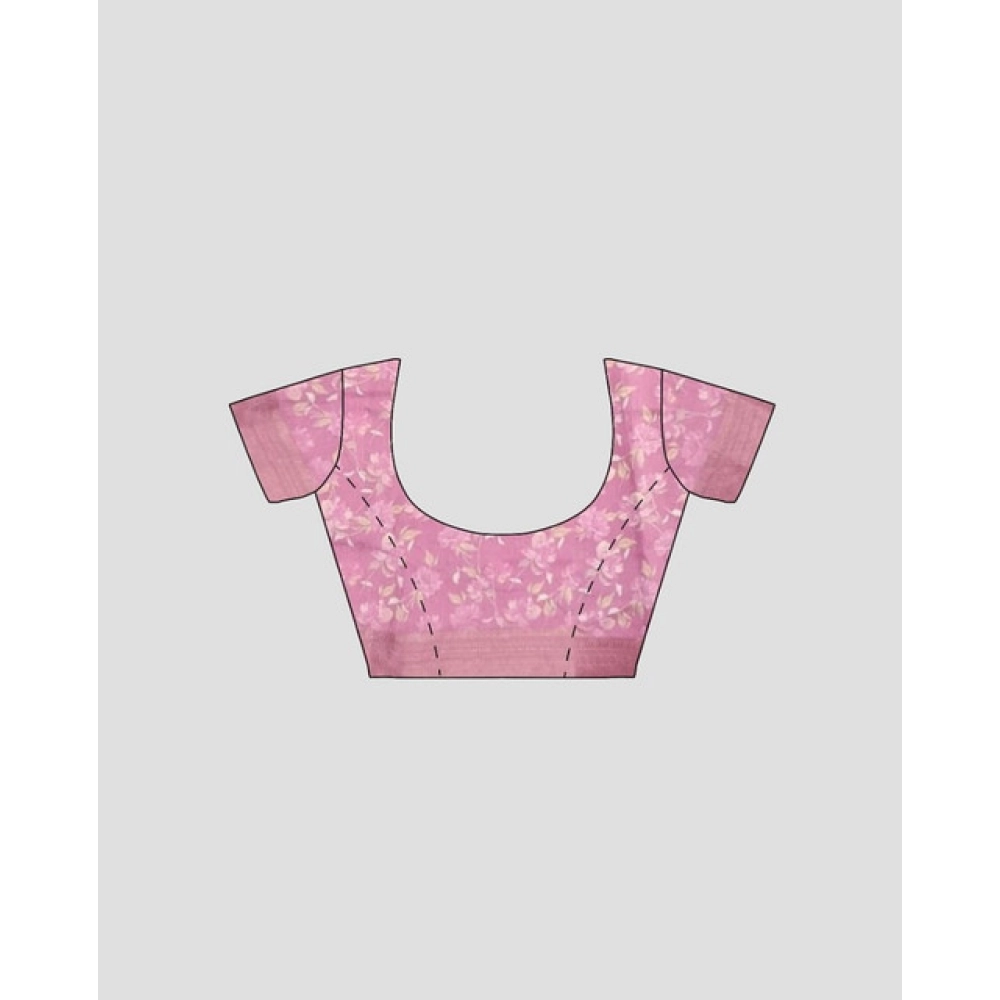 Women's Cotton Blend Floral Printed Saree With Unstitched Blouse 5.5Mtr (Pink) - Image 2
