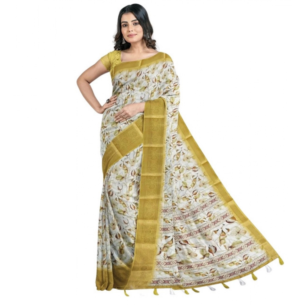 Women's Cotton Blend Floral Printed Saree With Unstitched Blouse 5.5Mtr (Mustard) - Image 4