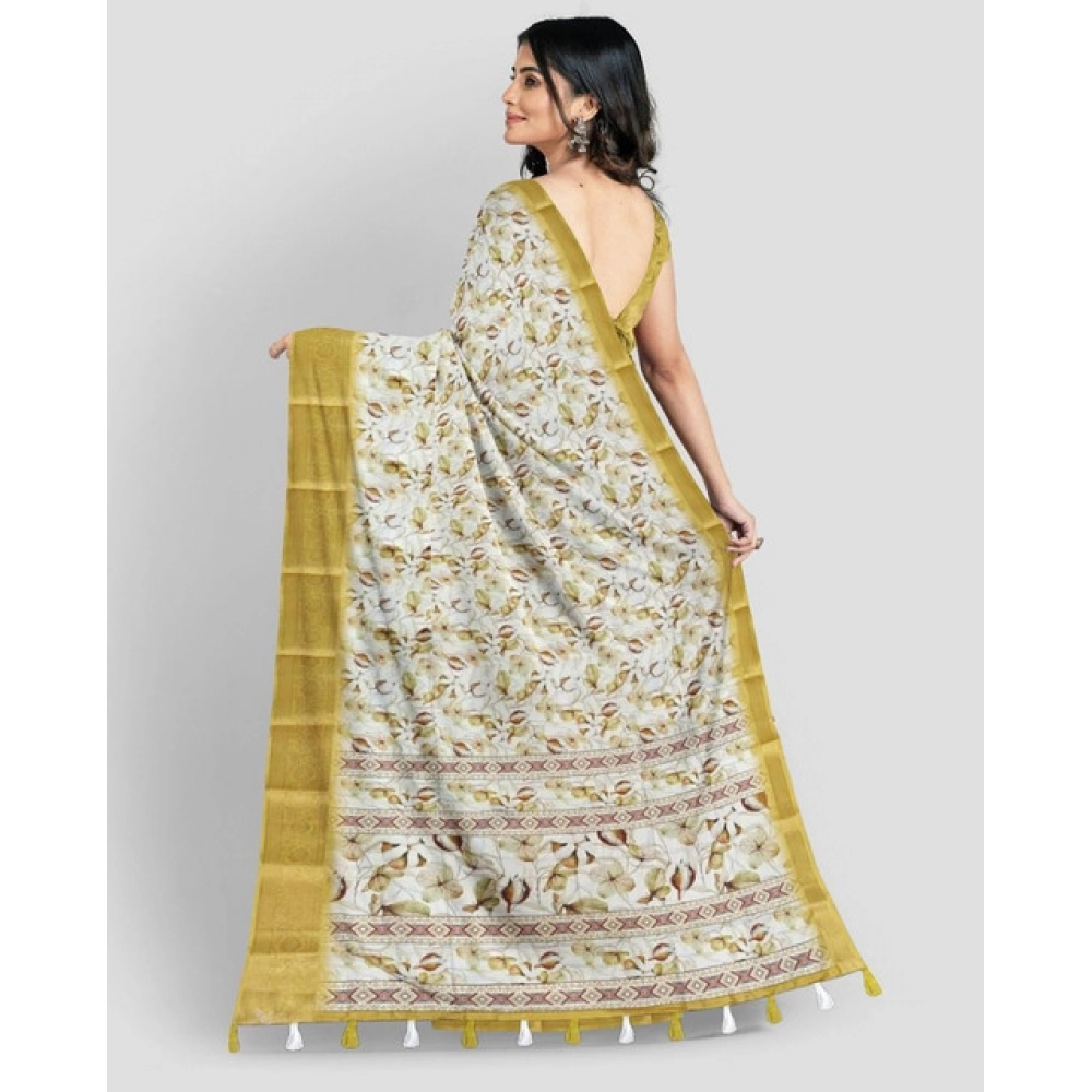 Women's Cotton Blend Floral Printed Saree With Unstitched Blouse 5.5Mtr (Mustard) - Image 3
