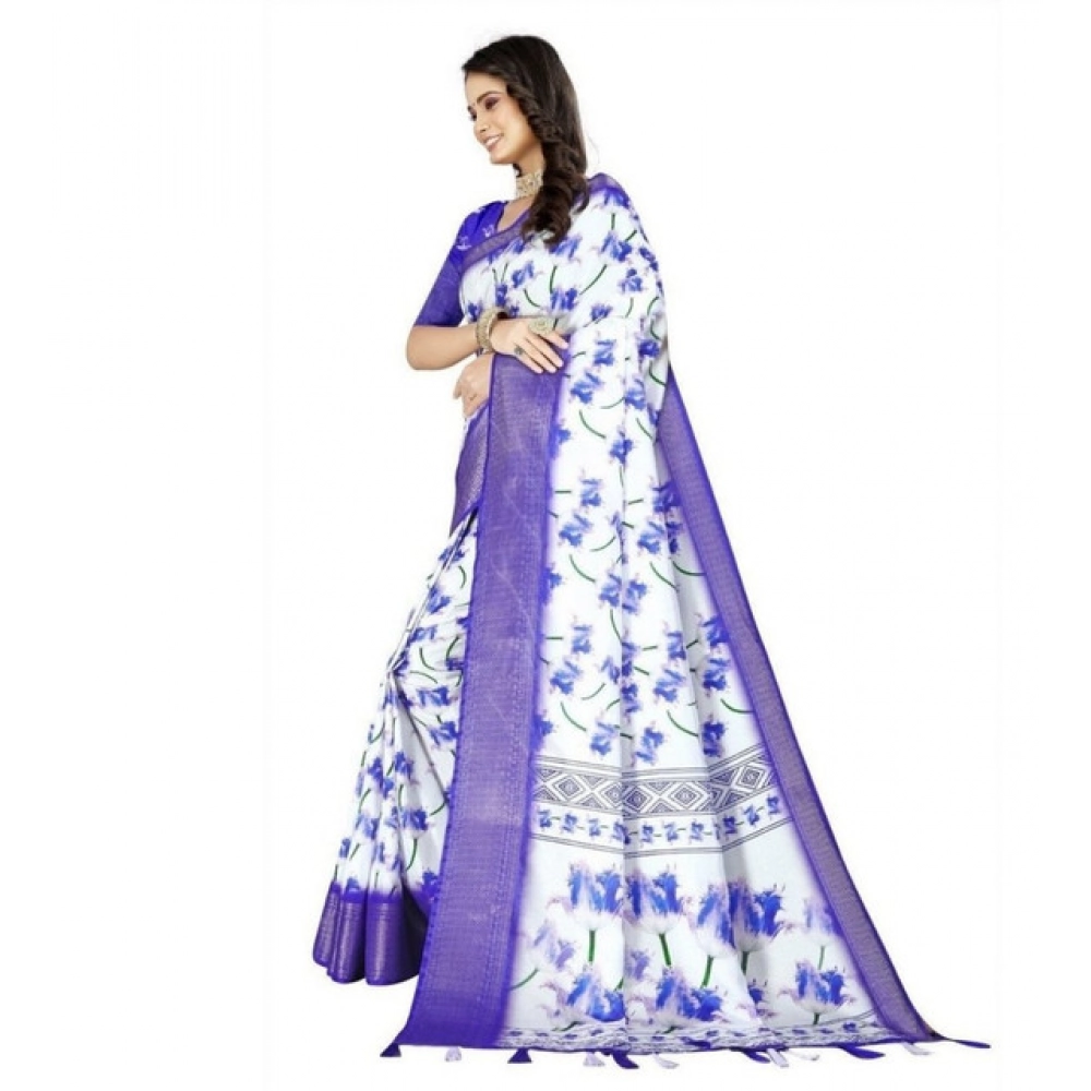 Women's Cotton Silk Floral Printed Saree With Unstitched Blouse 5.5Mtr (Blue) - Image 3