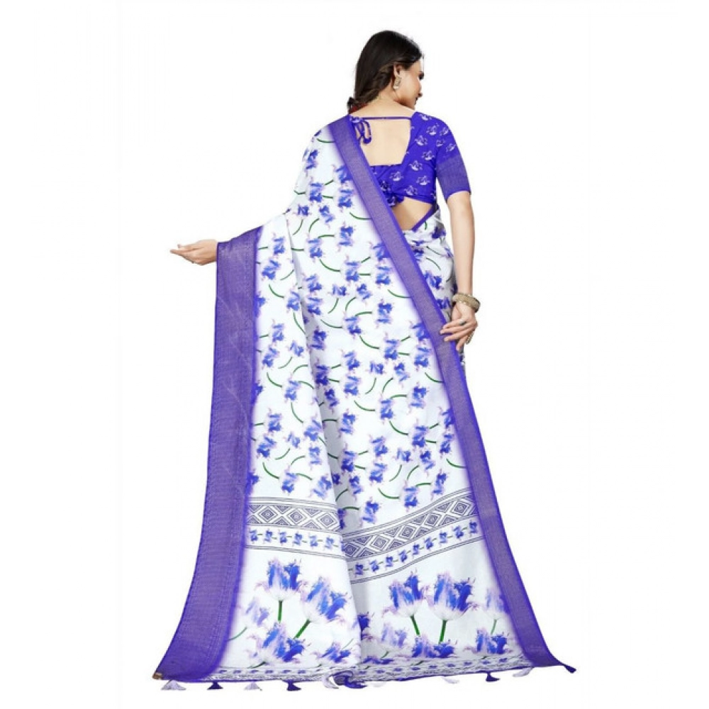 Women's Cotton Silk Floral Printed Saree With Unstitched Blouse 5.5Mtr (Blue) - Image 2