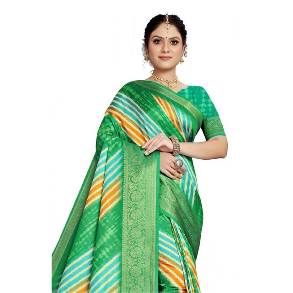 Women's Cotton Silk Striped Saree With Unstitched Blouse 5.5Mtr (Green)