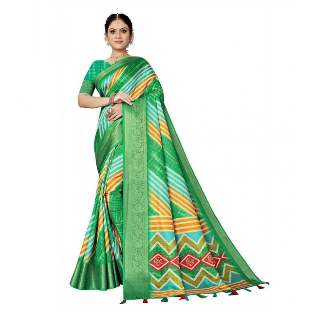 Women's Cotton Silk Striped Saree With Unstitched Blouse 5.5Mtr (Green) - Image 3