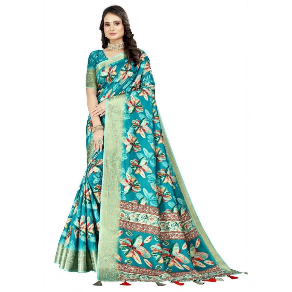 Women's Cotton Silk Floral Printed Saree With Unstitched Blouse 5.5Mtr (Turquoise) - Image 3