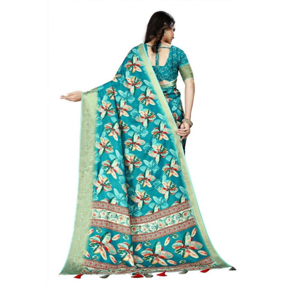 Women's Cotton Silk Floral Printed Saree With Unstitched Blouse 5.5Mtr (Turquoise) - Image 2