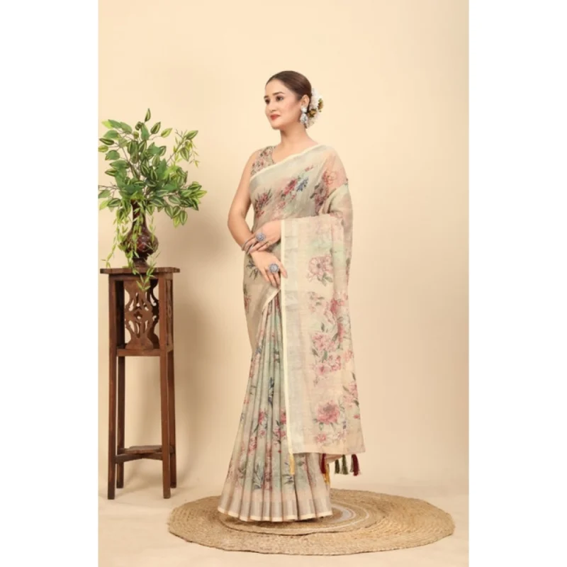 Alternative view of Women's Cotton Silk Floral Printed Saree With Unstitched Blouse 5.5Mtr (Cream)