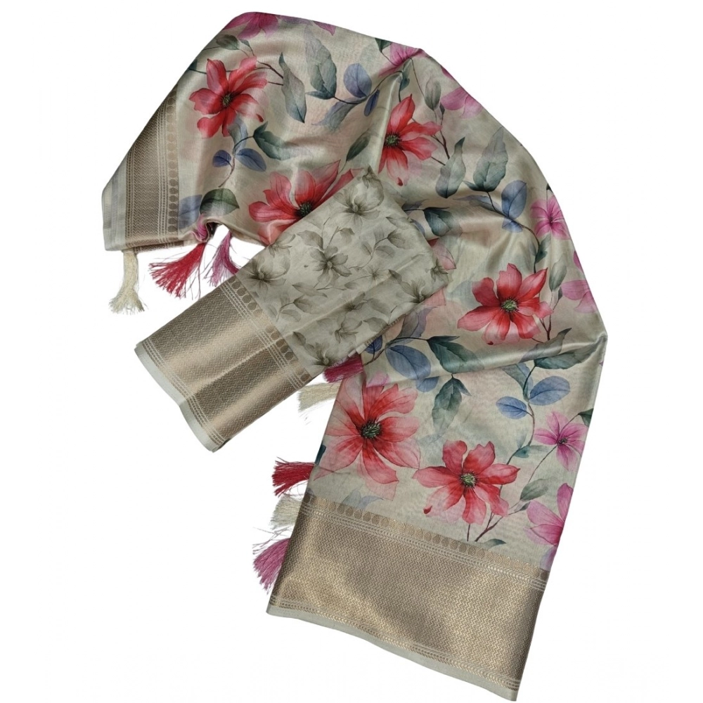 Women's Cotton Silk Floral Printed Saree With Unstitched Blouse 5.5Mtr (Beige) - Image 3