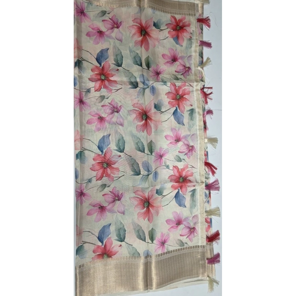 Women's Cotton Silk Floral Printed Saree With Unstitched Blouse 5.5Mtr (Beige) - Image 2