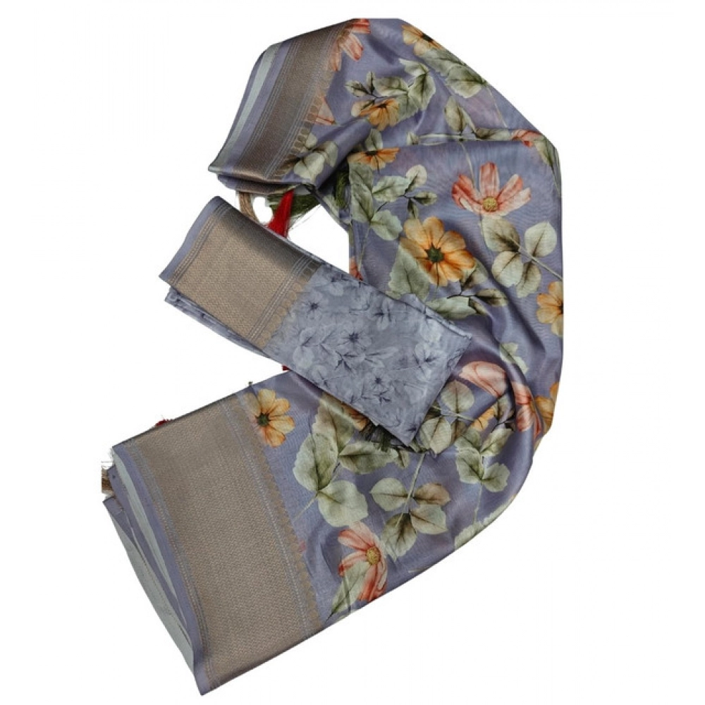 Women's Cotton Silk Floral Printed Saree With Unstitched Blouse 5.5Mtr (Grey) - Image 2