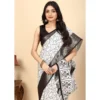 Women's Cotton Silk Printed Saree With Unstitched Blouse 5.5Mtr (White-Black)
