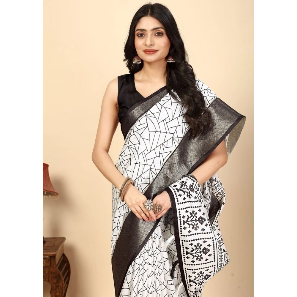Women's Cotton Silk Printed Saree With Unstitched Blouse 5.5Mtr (White-Black)
