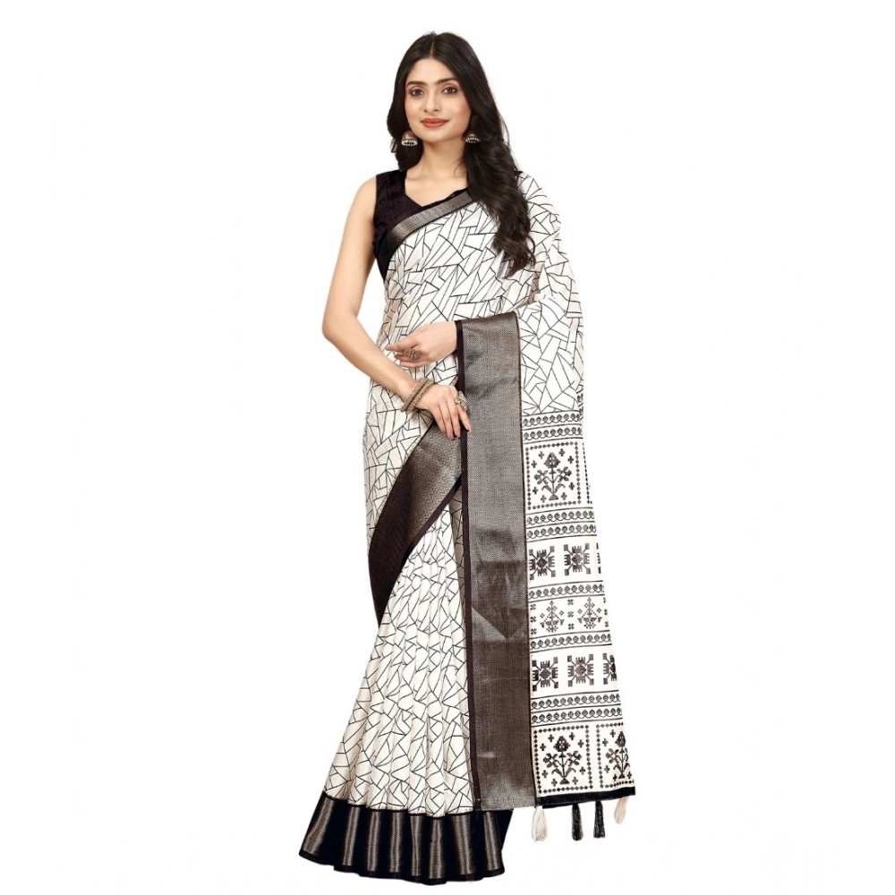 Women's Cotton Silk Printed Saree With Unstitched Blouse 5.5Mtr (White-Black) - Image 7
