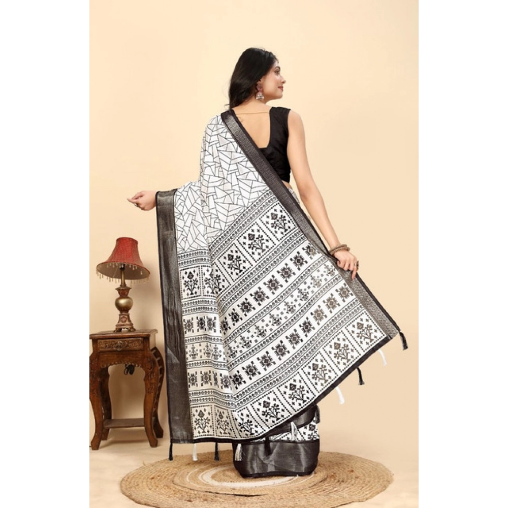 Women's Cotton Silk Printed Saree With Unstitched Blouse 5.5Mtr (White-Black) - Image 6